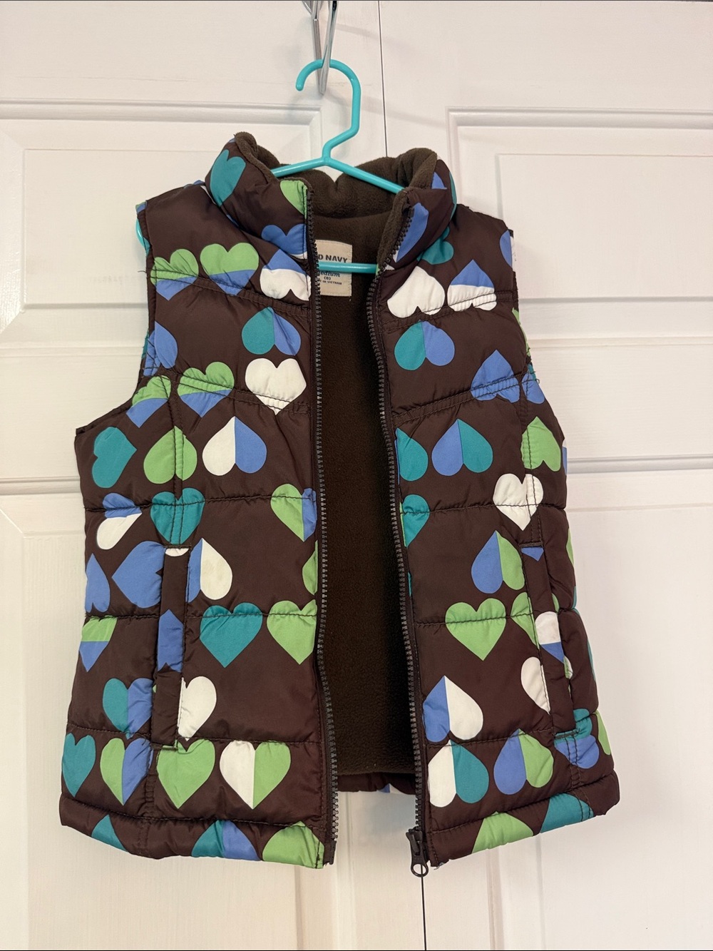 Old Navy Brown Puffer Vest with Blue, Green & White Hearts